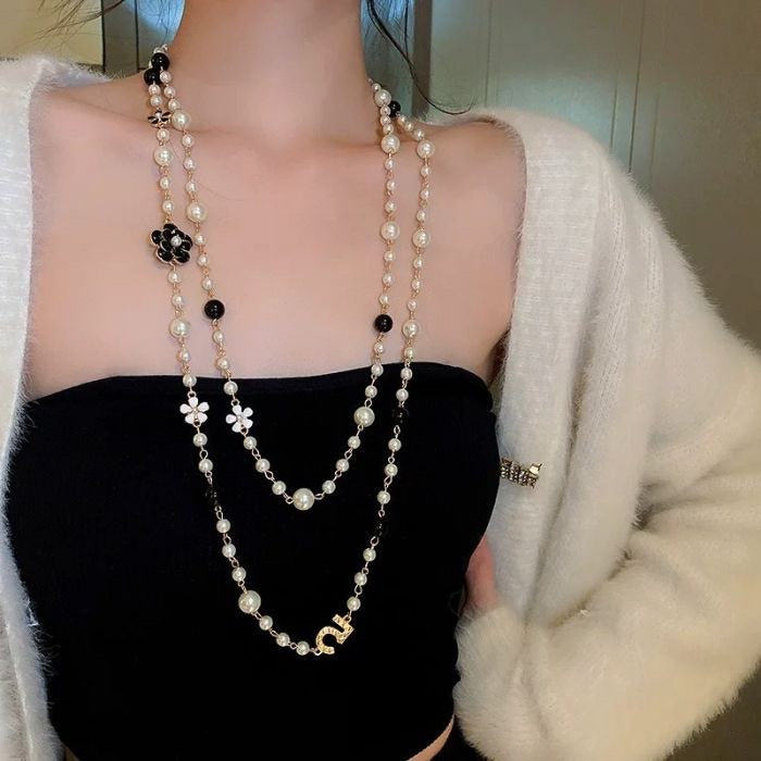 Pearl Necklace with Floral Charm and No 5 Pendant