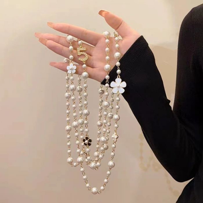 Pearl Necklace with Floral Charm and No 5 Pendant