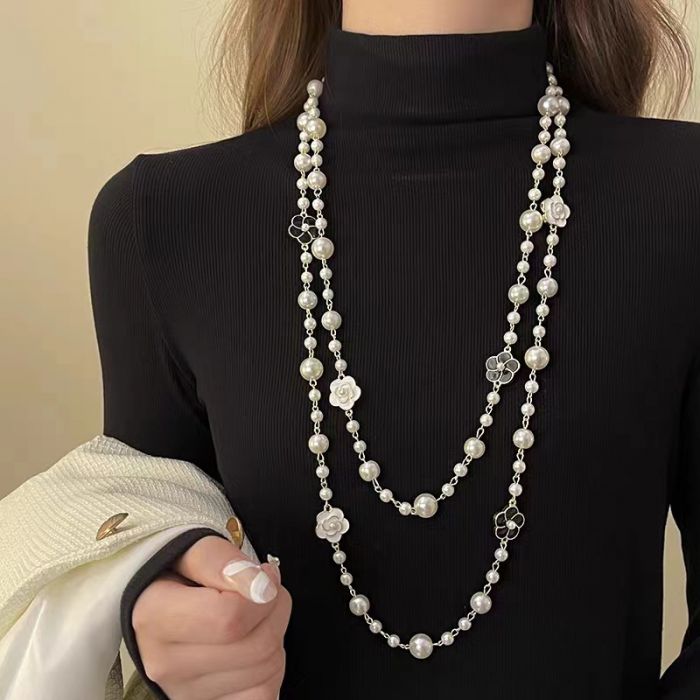 Long Pearl Necklace with Camelia Accents in Ivory/Black